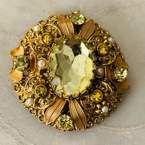 Vintage Germany Golden Brooch with Yellow Rhinestone Accents